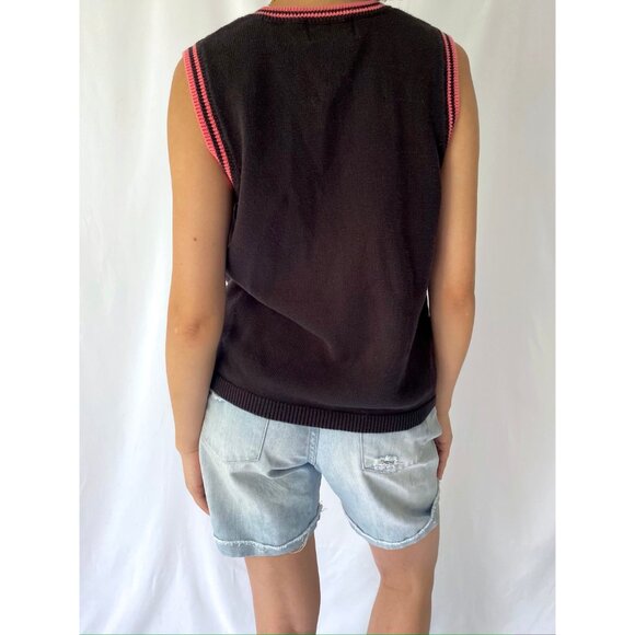 90s vintage black tropical palm tree embroidered knit sweater vest cotton top - Picture 7 of 8